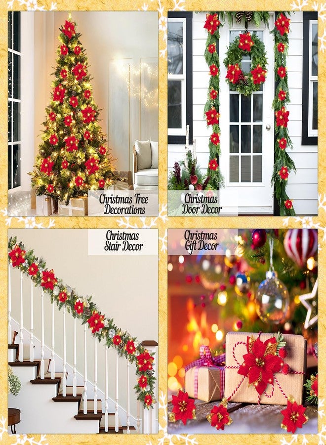 Geefuun 28PCS Christmas Tree Decorations: Poinsettias Artificial Flowers Ornaments Xmas Red Glitter Flower with Clips,3 Sizes Not Included Stems - Image 2